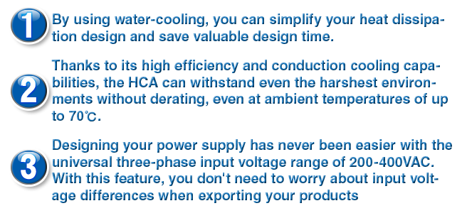 1 By using water-cooling, you can simplify your heat dissipation design and save valuable design time. 2 Thanks to its high efficiency and conduction cooling capabilities, the HCA can withstand even the harshest environments without derating, even at ambient temperatures of up to 70℃. 3 Designing your power supply has never been easier with the universal three-phase input voltage range of 200-400VAC. With this feature, you don't need to worry about input voltage differences when exporting your products 